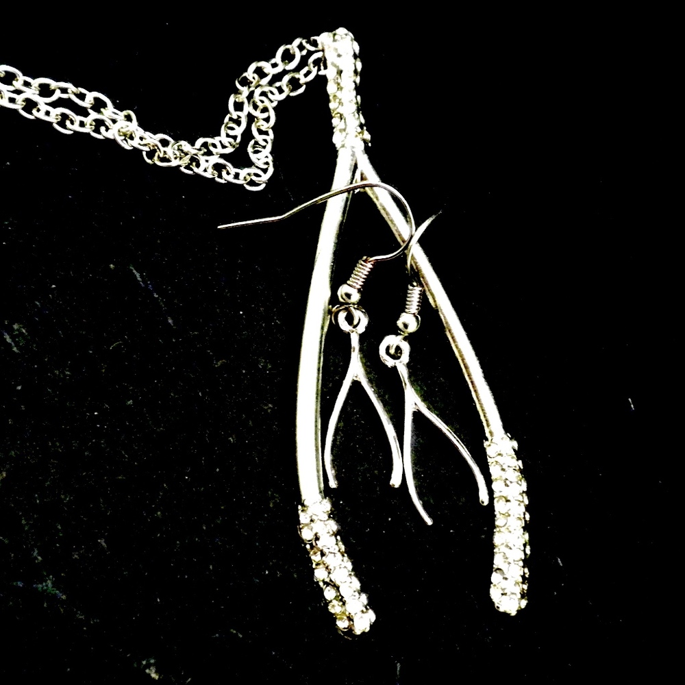 Wish Bone Long Necklace Crystal 20"